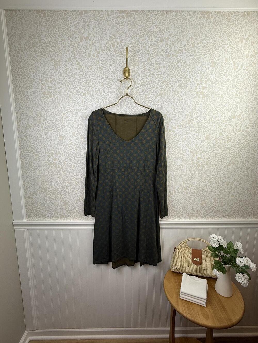 Horny Toad Teal and Brown Long Sleeve Tencel V-Neck Dress - Size - Small